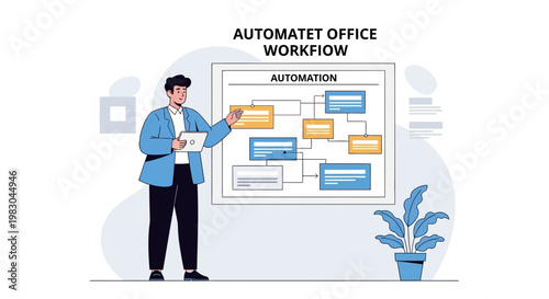 Man presenting automated office workflow flowchart on a whiteboard