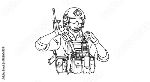 Soldier in tactical gear, adjusting helmet, ready for action, military, special forces