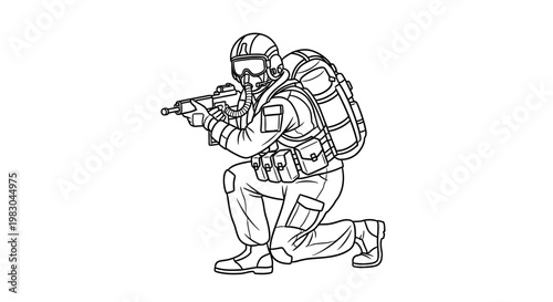 Soldier in tactical gear, kneeling with rifle, ready for action, military combat illustration