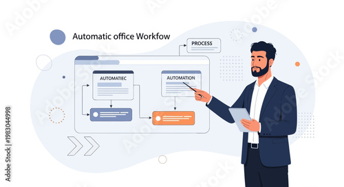 Man presenting automatic office workflow and automation process on a digital screen