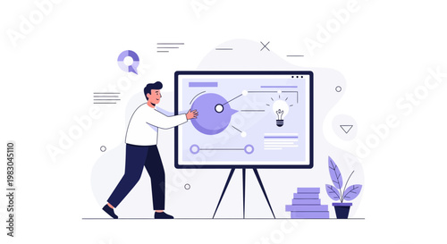 Man presenting business strategy on a whiteboard with lightbulb and flowchart