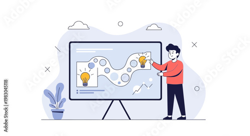 Man presenting business strategy with light bulb ideas on a digital whiteboard