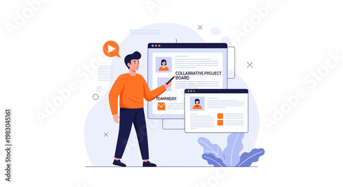 Man presenting collaborative project board with teamwork and people profiles