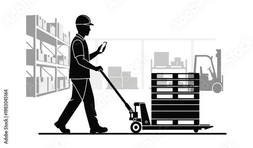 A warehouse worker utilizes a mobile phone while operating a pallet jack moving goods within a storage facility silhouette high quality professional detailed modern
