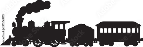 Classic steam locomotive silhouette with a tender and passenger car, an iconic representation of vintage railway travel and historical transportation