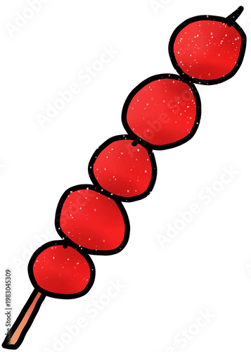 Red tanghulu candied fruit skewer with clear sugar coating isolated on white background