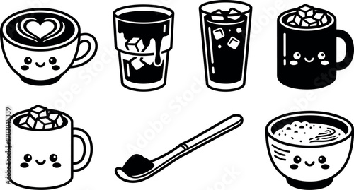 Black and white kawaii coffee cup hot and cold drinks with ice cubes and spoon vector art