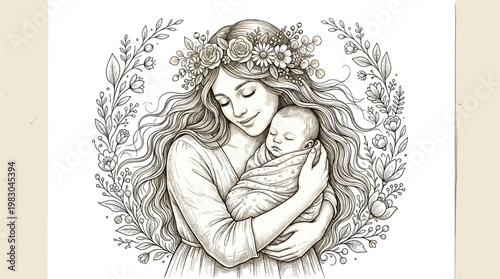 Mother holding newborn baby in floral embrace, tender vector illustration of love and protection
