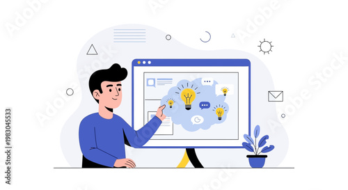 Man presenting idea generation on computer screen, lightbulb cloud, innovation concept