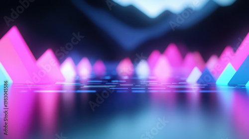 Illuminated digital landscape with vibrant geometric shapes reflecting on water, creating mesmerizing atmosphere