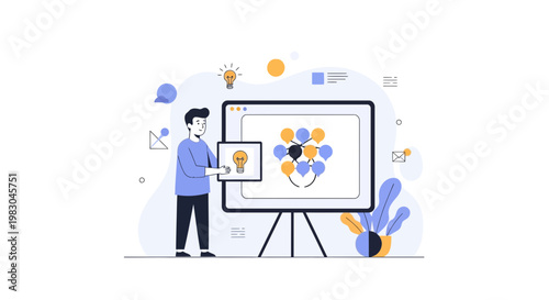 Man presenting idea with lightbulb and network diagram on screen