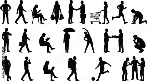 Collection of human silhouettes on white background for various activities and professions