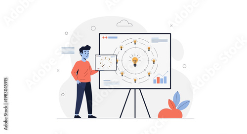 Man presenting innovative ideas on a whiteboard with a circular flow chart of lightbulbs