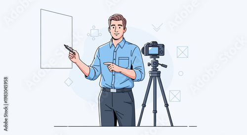Man Presenting Online Course with Camera and Whiteboard