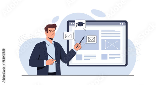 Man presenting online course, digital education, e-learning, webinar, virtual classroom