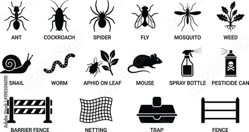 Black and white vector illustration of pests, pest control tools, and prevention methods in flat design