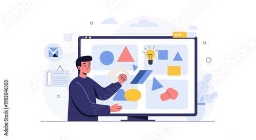 Man presenting shapes and ideas on a digital screen, online learning concept