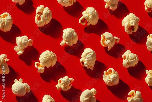 Regular pattern of popcorn kernels on red background with harsh shadows. AI generative