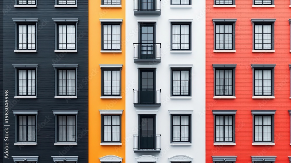 Fototapeta premium Stylized building facades with abstract geometric windows and doors