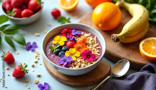 Colorful smoothie bowl with fruits, granola and edible flowers, healthy breakfast