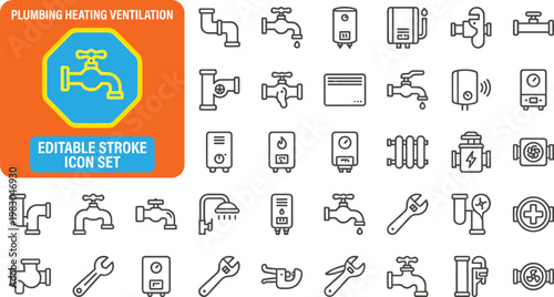 Editable stroke icon set of plumbing, heating, and ventilation tools and fixtures - flat design vector illustration