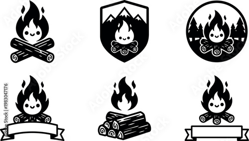 Cute smiling campfire with logs and blank ribbon banner set