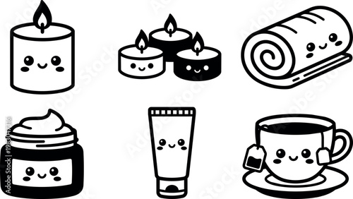 Cute kawaii smiling candle cream tea cup and towel vector art