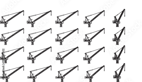 Array of cranes stand side by side, creating a sense of powerful and dynamic industry activity. The monochrome of cranes convey a sense of modern construction and engineering.