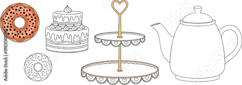 Tea time dessert set with teapot, cake stand, donuts and layered cake vector illustration outline and colored bakery elements