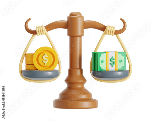 Foto 3D illustration of Balance scale, showing the comparison between money and coin, financial decisions, and the concept of investment PNG
