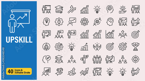 Upskill web icons in line style. Reskill, collection, progress, strategy, skill. Vector illustration.
