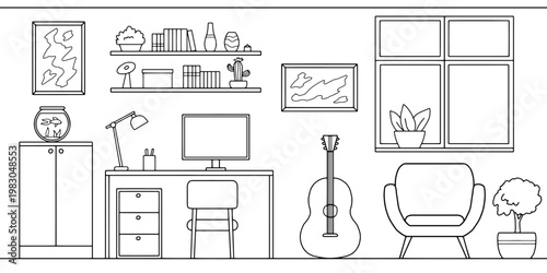 Home office graphic black white interior sketch illustration vector 