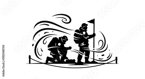 Antarctic Explorers Planting Flag in Harsh Snowstorm, Symbolizing Achievement and Perseverance