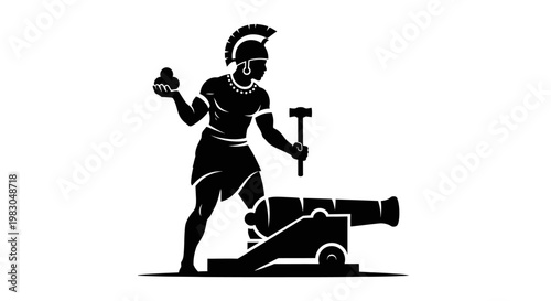 Ancient Warrior Loading Cannon with Hammer and Cannonball, Silhouette