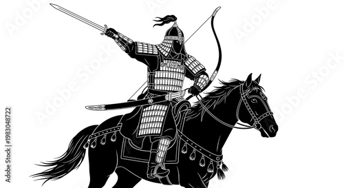 Ancient Warrior Horse Archer Drawing - Medieval Knight Warrior Riding Horse with Sword and Bow