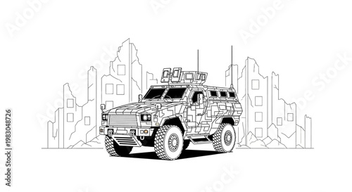 Armored Military Vehicle in Ruined Cityscape - Black and White Line Art