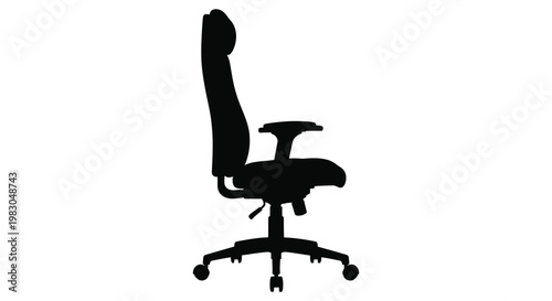 A black office chair is prominently displayed in a stark simple silhouette