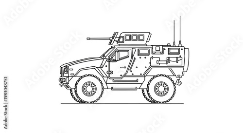 Armored Military Vehicle with Machine Gun - Line Art Illustration