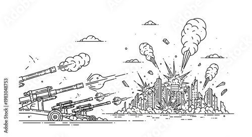 Artillery bombardment of a city, explosions, smoke, destruction, war, conflict, abstract line art