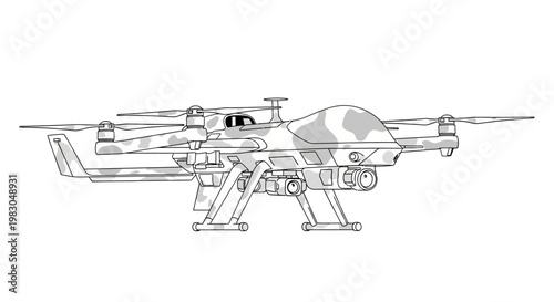 Camouflaged Drone with Camera and Sensors, Military or Surveillance Unmanned Aerial Vehicle