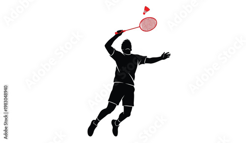 A dynamic illustration depicts a badminton player in mid swing preparing to strike a vibrant red shuttlecock presented as a silhouette high quality professional