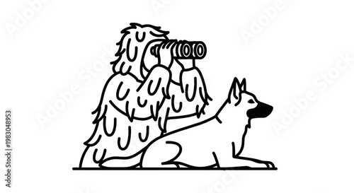 Camouflaged Hunter with Dog Scans Horizon with Binoculars