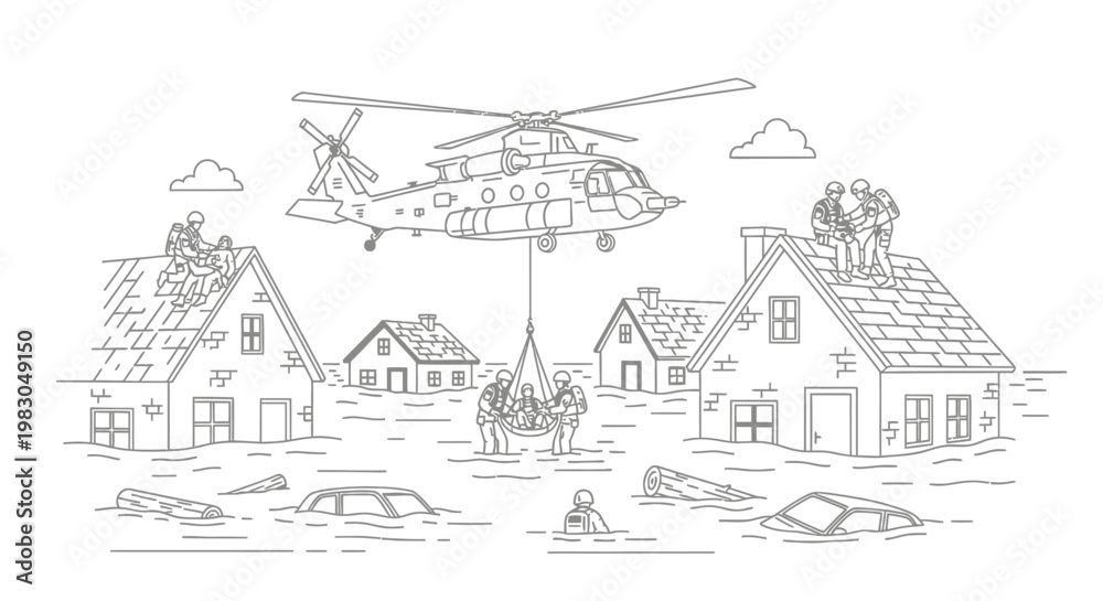 Obraz premium Flood Rescue: Helicopter Saves People from Flooded Houses with Cars Submerged