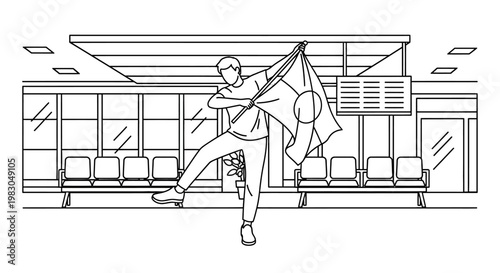 Excited fan waving flag at airport departure lounge, celebrating travel and victory