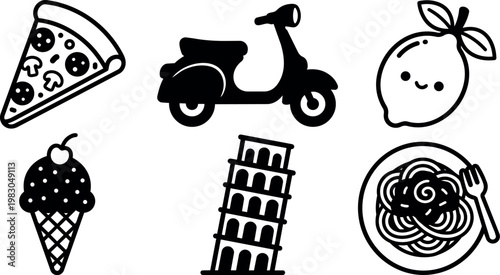 Pizza slice scooter lemon ice cream spaghetti and leaning tower