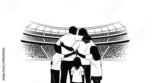 Family Embraces Together, Looking at a Sports Stadium