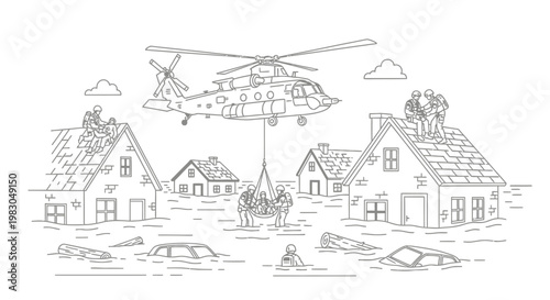 Flood Rescue: Helicopter Saves People from Flooded Houses with Cars Submerged