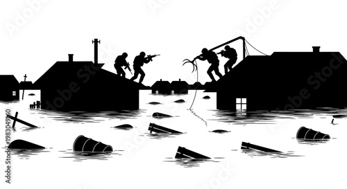 Flooded Cityscape with Soldiers in Silhouette