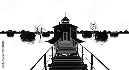 Flooded Village with Pier to Central Building, Black and White