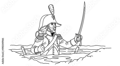 Furious Soldier in Water with Sword, Historical Battle Scene